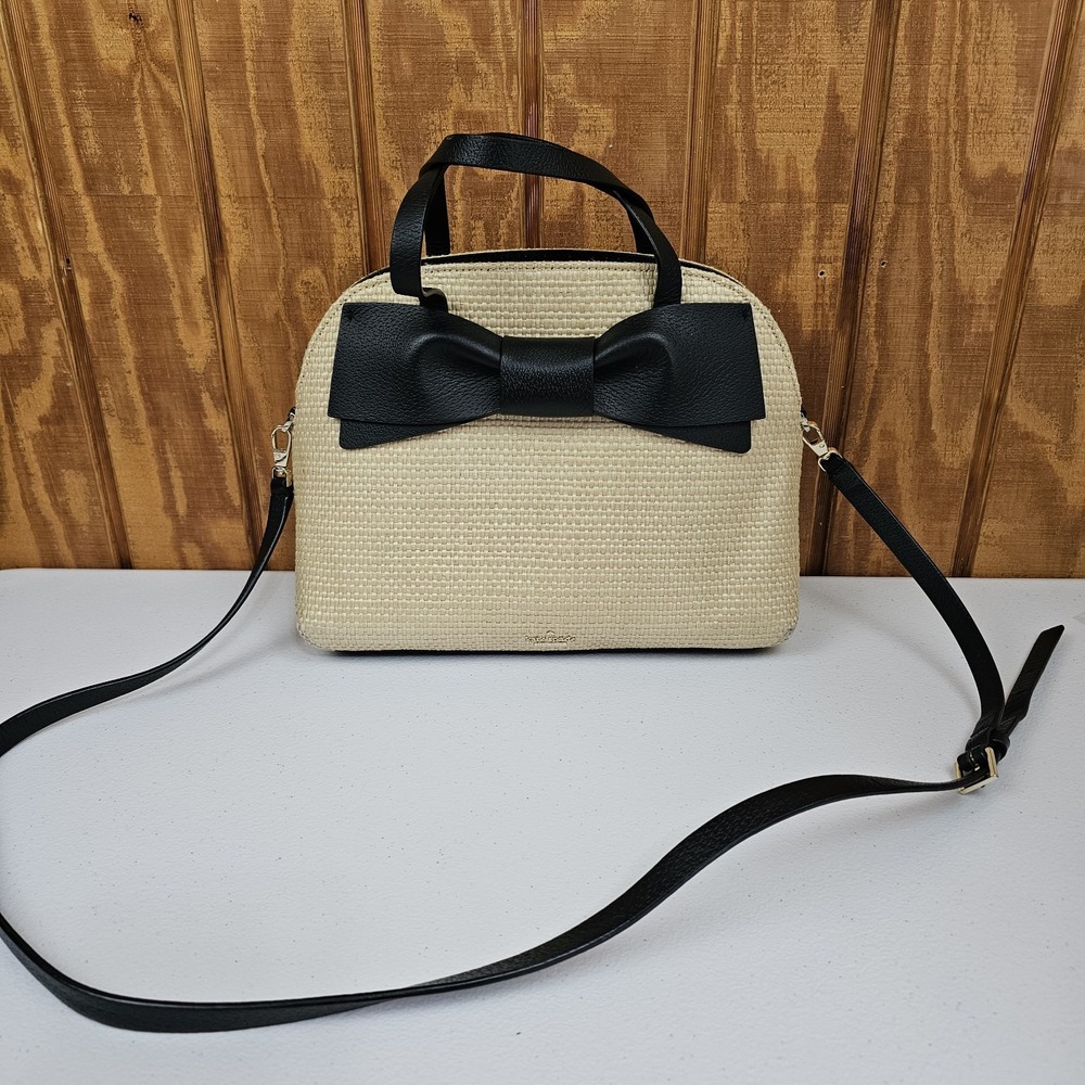Kate Spade Olive Drive Straw Lottie Bag Purse Handbag Bow Tan Black